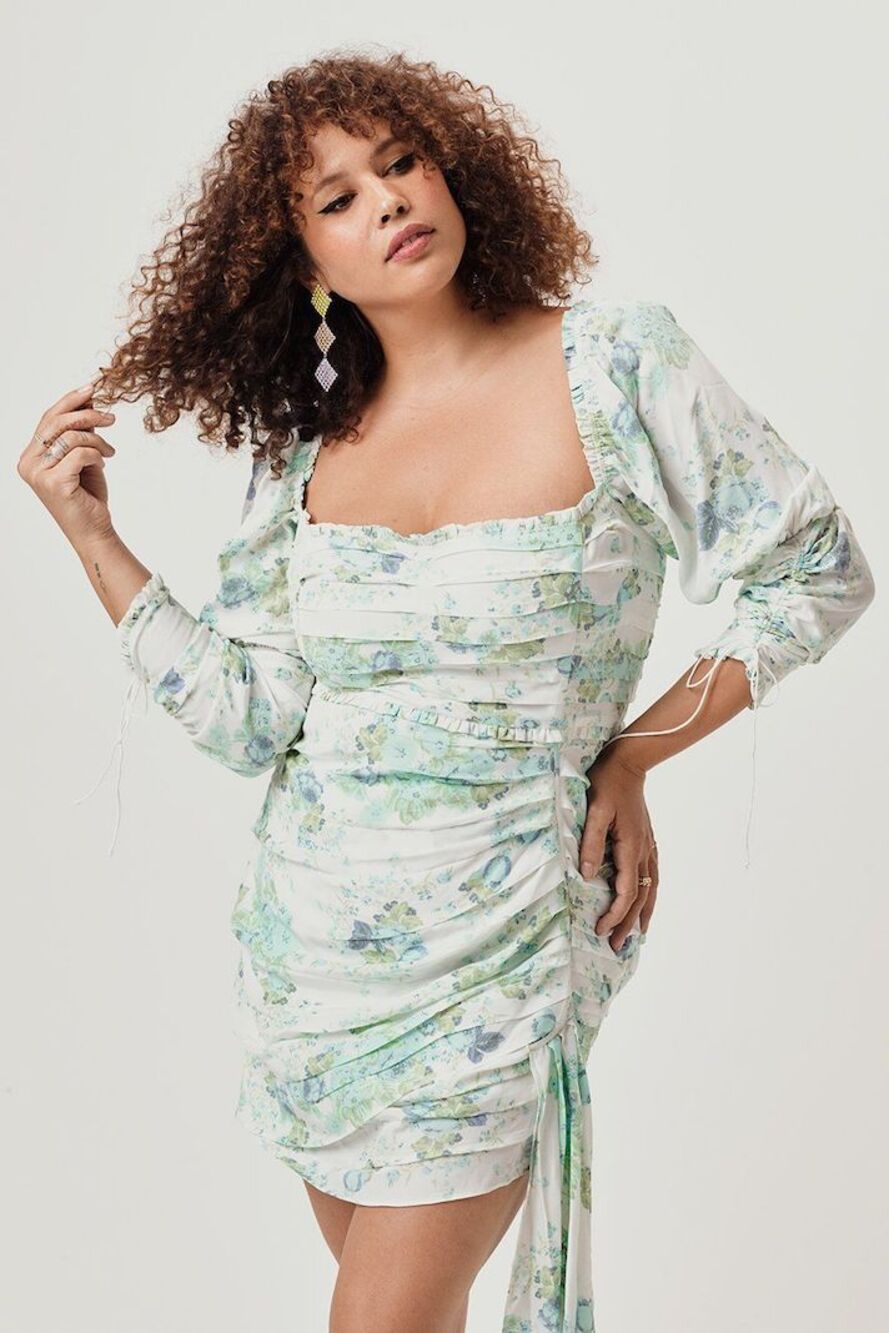 For Love & Lemons Eileen Floral Ruched Ruffle Mini Dress Green Blue rose L XL